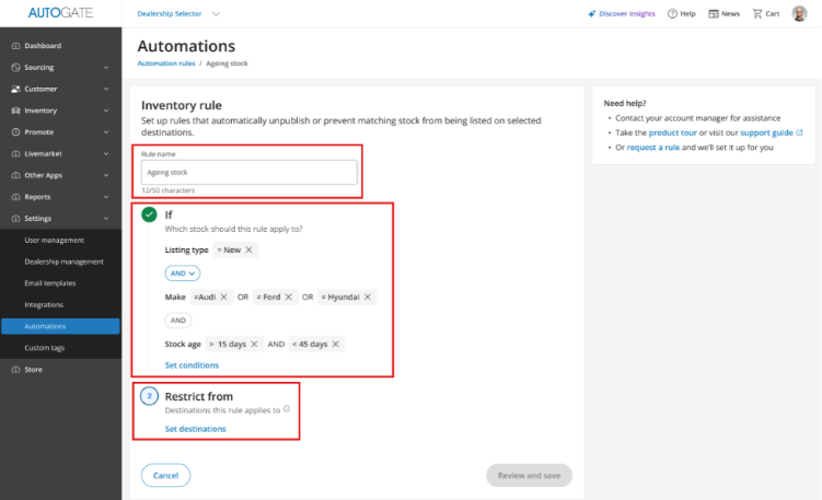 The image displays an automation rules interface for managing stock ageing, allowing users to set conditions and restrictions for dealership listings.

AI-generated content may be incorrect.