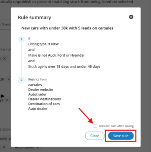 The image shows a settings screen with a rule summary for a car listing platform, specifying criteria such as lead count, car make restrictions, and stock age limitations.

AI-generated content may be incorrect.